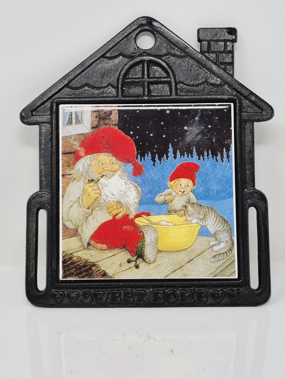 Vintage Cast Metal House Shaped Trivet With Tile Center